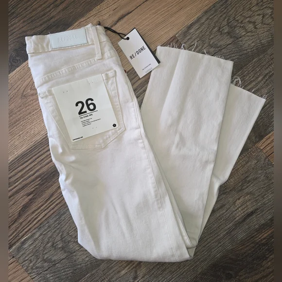 NWT Slim Straight Ankle Jeans Raw Edge Re/Done 70s Stovepipe Buttonfly White 26 - Picture 2 of 7